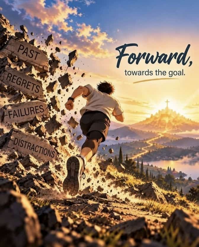 A runner breaks through signs for the past, regrets, failures and distractions, heading toward a cross at sunrise.